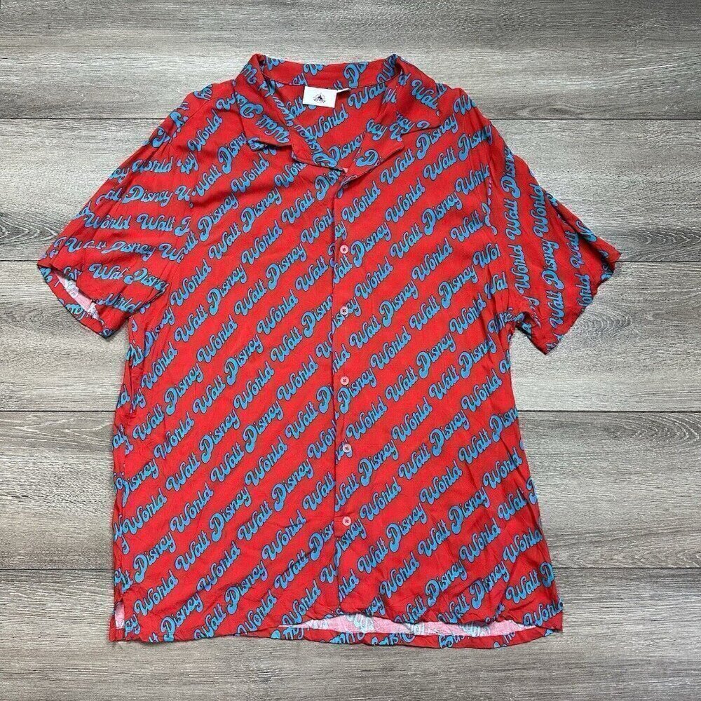 WALT DISNEY WORLD PARKS Men's XL Red Retro Spell Out Script Hawaiian Camp Shirt